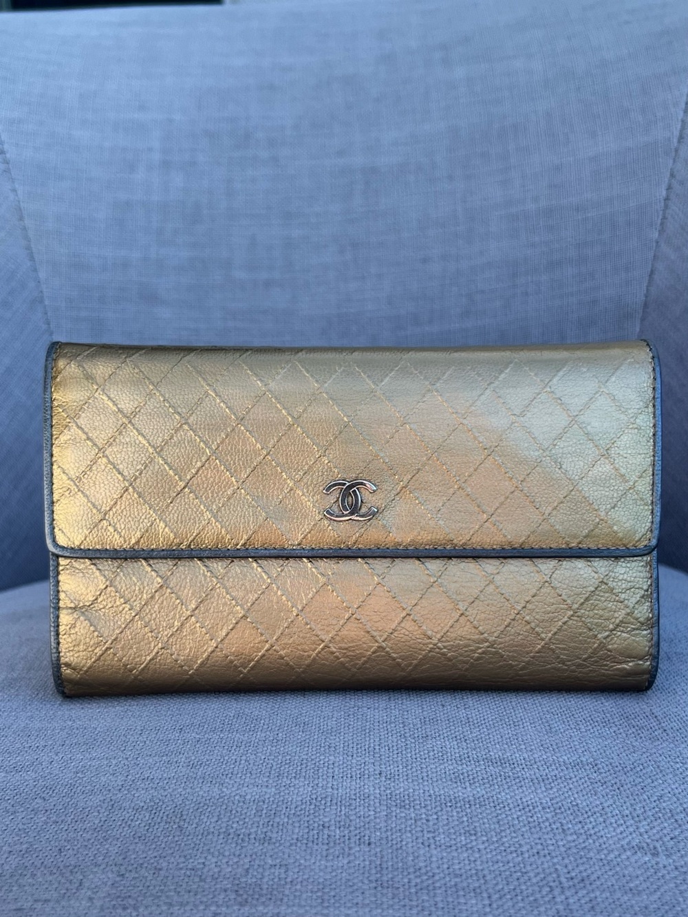 Chanel Trifold CC Flap Wallet Purse Matelasse Calfskin Gold Gray Silver